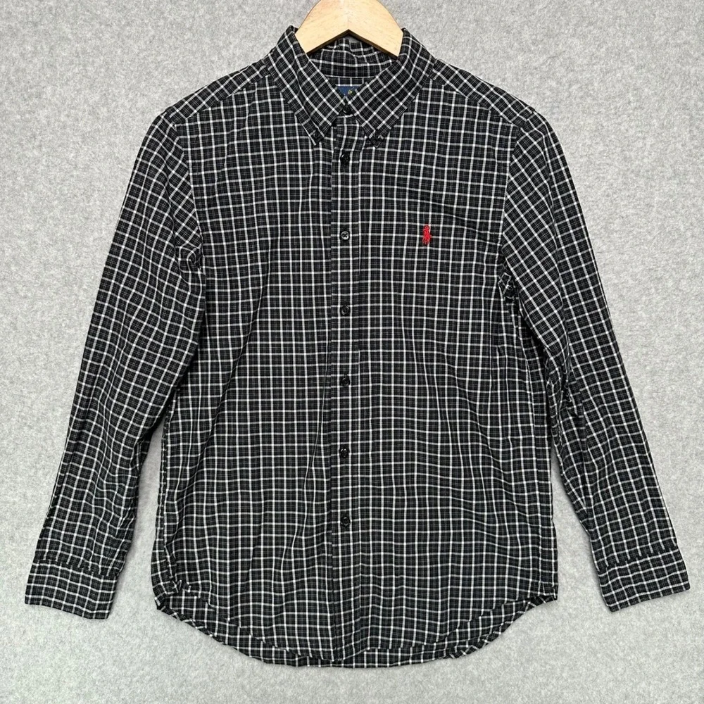 Ralph Lauren Boys Large 14-16 Black White Plaid Button Down Long Sleeve Shirt